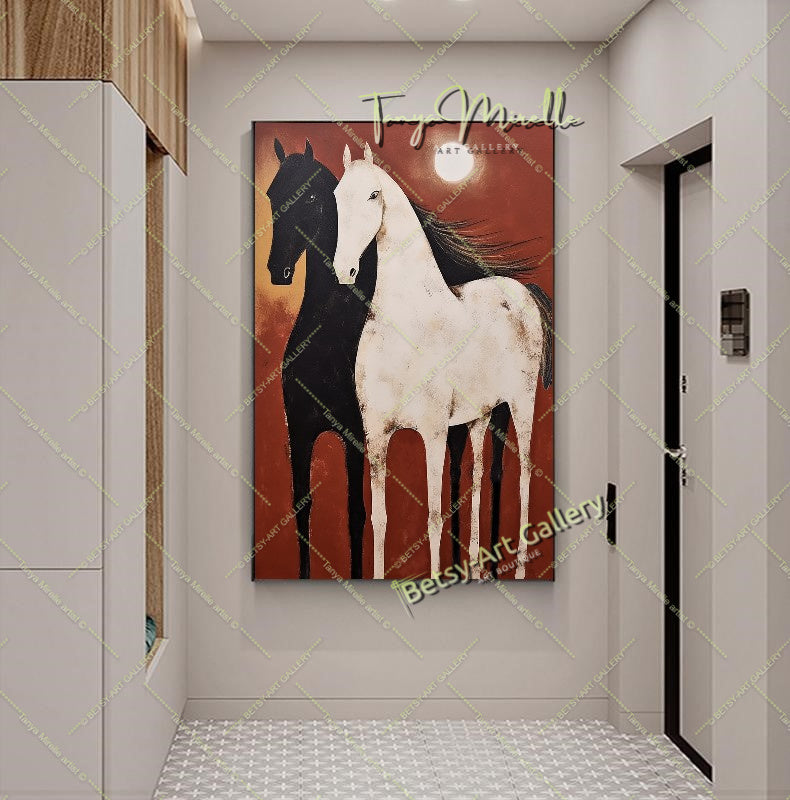 Abstract Black and White Horses Canvas Print - Minimalist Equine Art