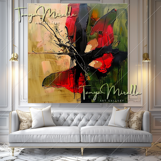 Bold Red and Green Abstract Oil Painting on Canvas #347