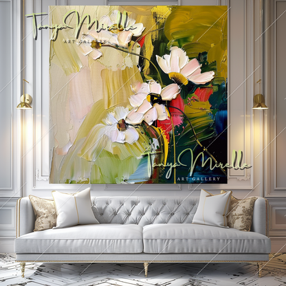 Vibrant Abstract Flower Canvas, Impasto Oil Painting #360