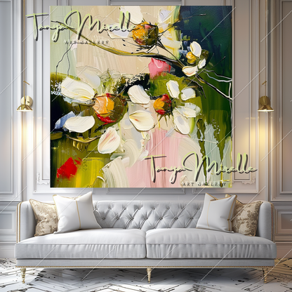 Vibrant Abstract Flower Canvas, Impasto Oil Painting #360