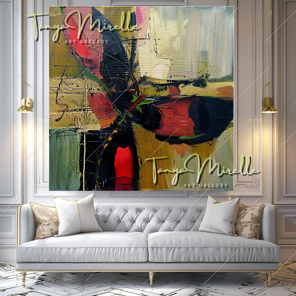 Bold Red and Green Abstract Oil Painting on Canvas #347