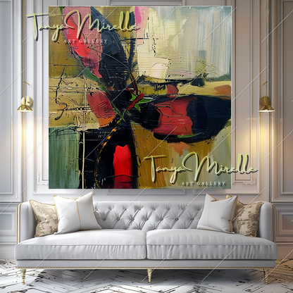 Bold Red and Green Abstract Oil Painting on Canvas #347