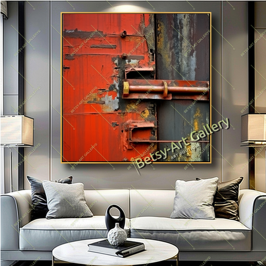 Red Gray Metal Texture Wall Art, Modern Industrial Home Decor