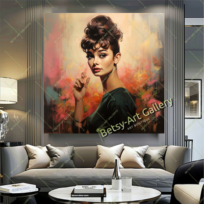 Vintage Audrey Hepburn Portrait, Hollywood Glamour Art Print on Canvas