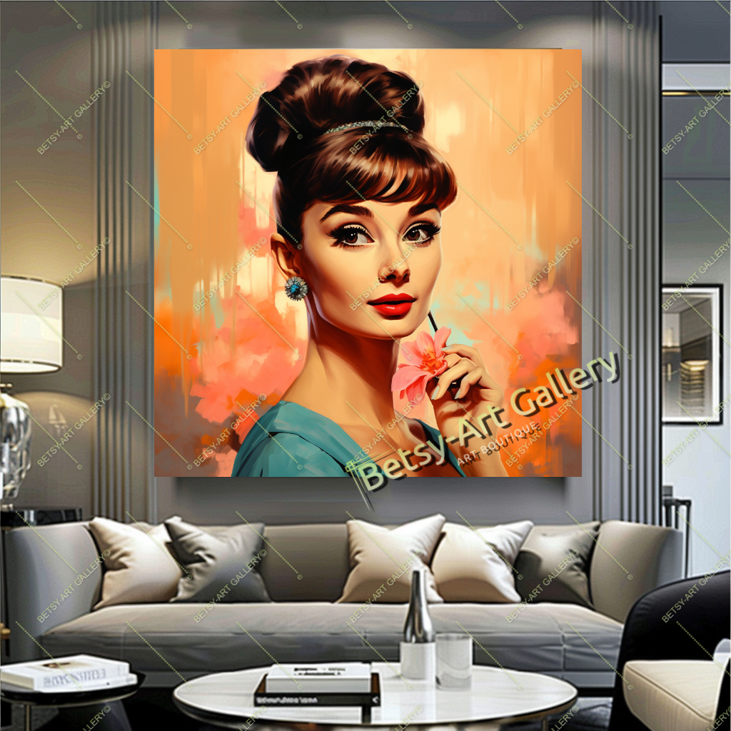 Vintage Audrey Hepburn Portrait, Hollywood Glamour Art Print on Canvas