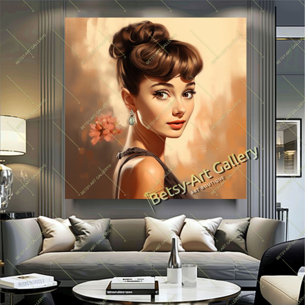 Vintage Audrey Hepburn Portrait, Hollywood Glamour Art Print on Canvas