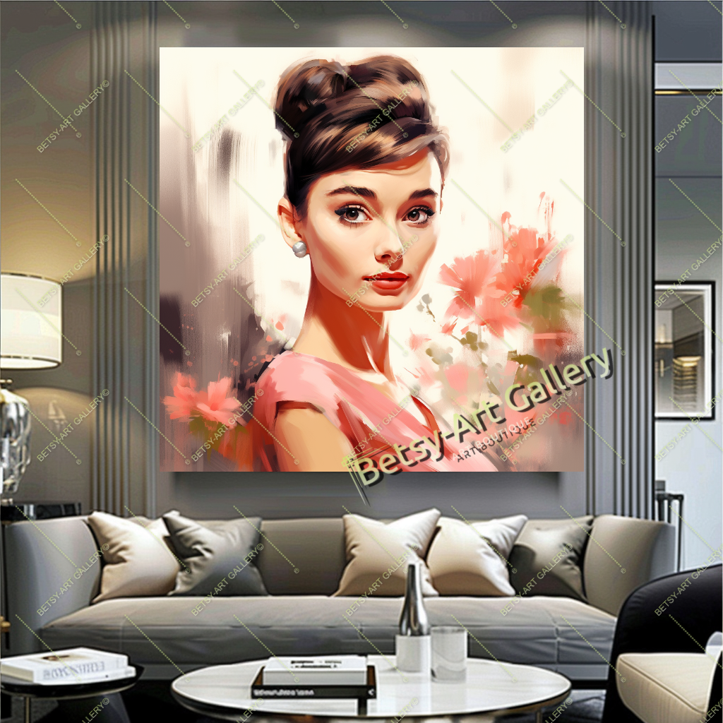 Vintage Audrey Hepburn Portrait, Hollywood Glamour Art Print on Canvas