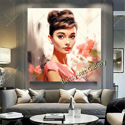 Vintage Audrey Hepburn Portrait, Hollywood Glamour Art Print on Canvas