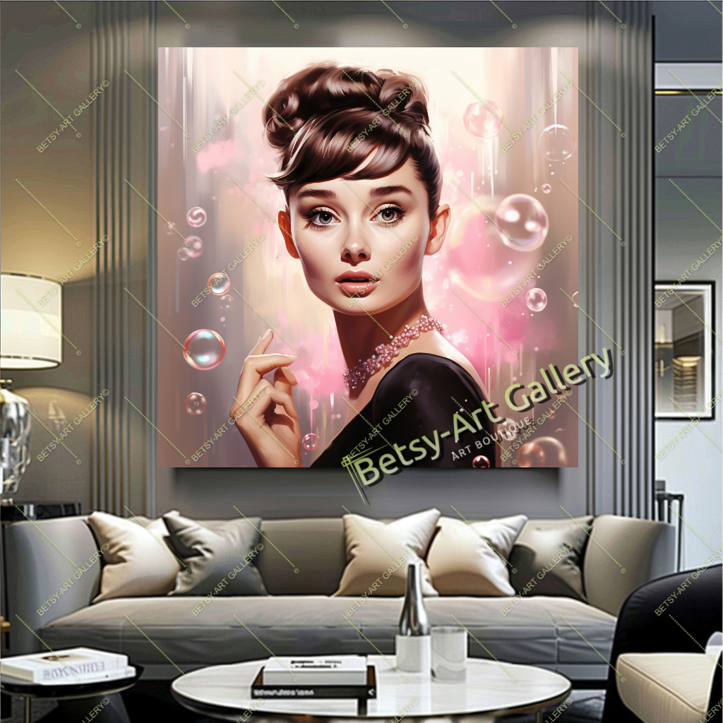Hollywood Style Audrey Hepburn Portrait Canvas Print, Elegant Wall Decor