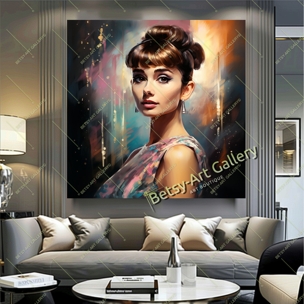 Vintage Audrey Hepburn Portrait, Hollywood Glamour Art Print on Canvas