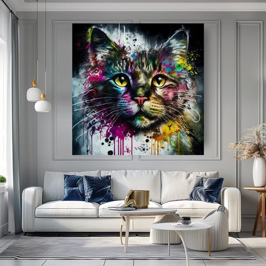 Multicolor Cat Portrait - Colorful Splash Canvas Print B animal wall decor art gift artistic cat painting black cat painting canvas print canvas wall art cat lover gift colorful cat contemporary artwork feline art giclée prints graffiti canvas art graffiti print home decor jungle cat large canvas print large wall art modern art print modern cat print modern home decor pet portrait print on canvas ready to hang canvas stretched canvas art wall art prints