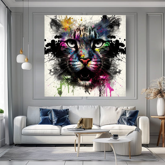 Graffiti Cat Portrait - Colorful Splash Canvas Print animal wall decor art gift artistic cat painting black cat painting canvas print canvas wall art cat lover gift colorful cat contemporary artwork feline art giclée prints graffiti canvas art graffiti print home decor jungle cat large canvas print large wall art modern art print modern cat print modern home decor pet portrait print on canvas ready to hang canvas stretched canvas art wall art prints