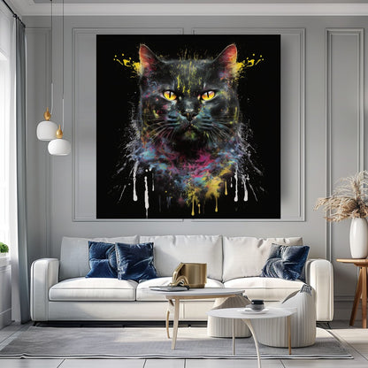 Vivid Black Cat Colorful Splash Canvas Print animal wall decor art gift artistic cat painting black cat painting canvas print canvas wall art cat lover gift colorful cat contemporary artwork feline art giclée prints graffiti canvas art graffiti print home decor jungle cat large canvas print large wall art modern art print modern cat print modern home decor pet portrait print on canvas ready to hang canvas stretched canvas art wall art prints