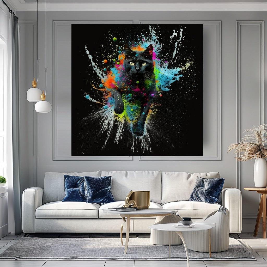 Vivid Black Cat Colorful Splash Canvas Print K animal wall decor art gift artistic cat painting black cat painting canvas print canvas wall art cat lover gift colorful cat contemporary artwork feline art giclée prints graffiti canvas art graffiti print home decor jungle cat large canvas print large wall art modern art print modern cat print modern home decor pet portrait print on canvas ready to hang canvas stretched canvas art wall art prints