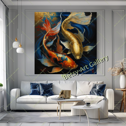 Two Gold Koi Fish Print on Canvas
