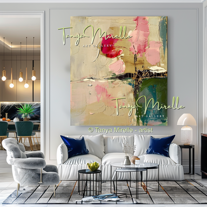 Pink and Beige Floral Abstract Oil Painting #267