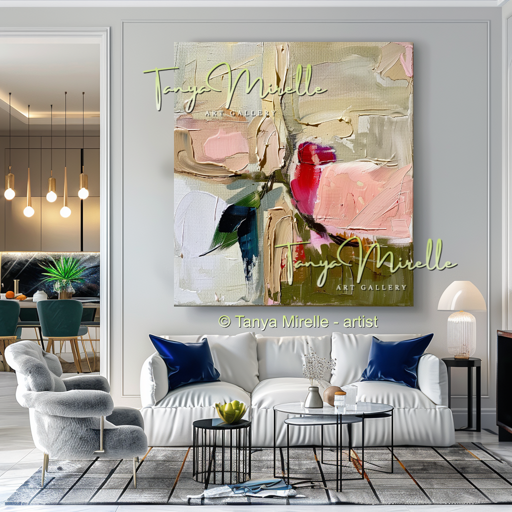 Pink and Beige Floral Abstract Oil Painting #267