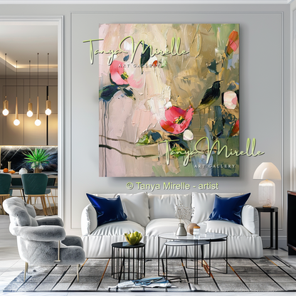 Earth Tone Floral Abstract Oil Painting with Pink Accents  #254