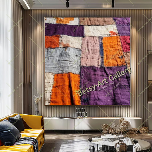 Boho Patchwork Abstract Canvas Print - Colorful Textile-Inspired Wall Art