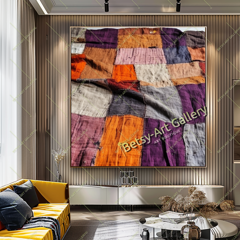 Colorful Textile-Inspired Wall Art - Boho Patchwork Abstract Canvas Print