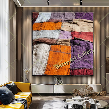 Colorful Textile-Inspired Wall Art - Boho Patchwork Abstract Canvas Print
