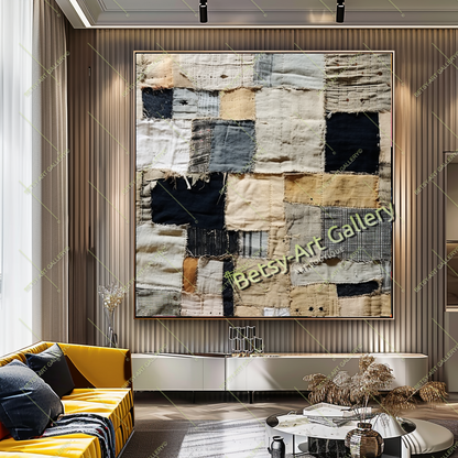 Colorful Textile-Inspired Wall Art - Boho Patchwork Abstract Canvas Print