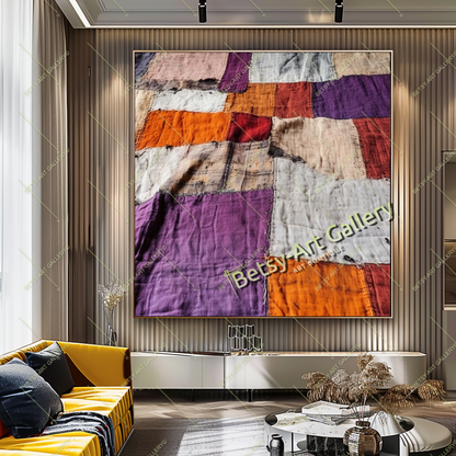 Colorful Textile-Inspired Wall Art - Boho Patchwork Abstract Canvas Print