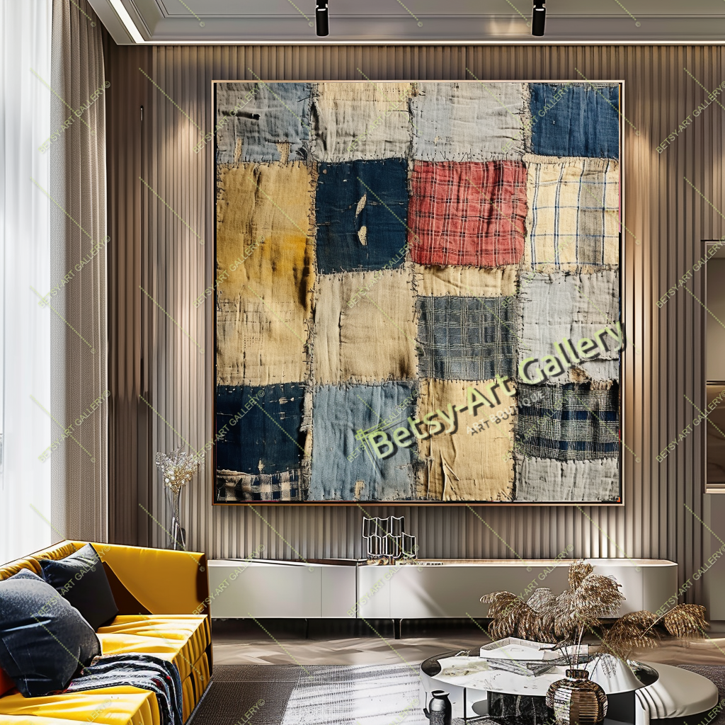 Colorful Textile-Inspired Wall Art - Boho Patchwork Abstract Canvas Print