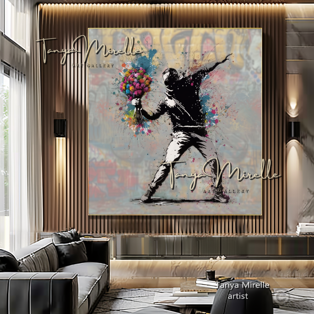 Banksy Man with Bouquet Street Art Print on Canvas art gift Banksy art Banksy canvas canvas print canvas wall art contemporary art flower thrower giclée prints graffiti art print graffiti canvas graffiti canvas art graffiti print home decor large canvas print large wall art Large Wall Art Decor modern abstract art modern art print modern wall art pop art print print on canvas ready to hang canvas street art street art on canvas stretched canvas art urban decor wall art prints
