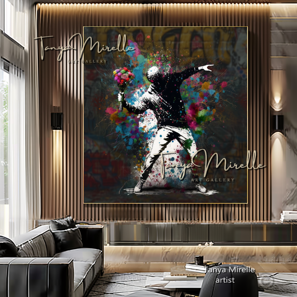 Banksy Man with Bouquet Street Art Print on Canvas art gift Banksy art Banksy canvas canvas print canvas wall art contemporary art flower thrower giclée prints graffiti art print graffiti canvas graffiti canvas art graffiti print home decor large canvas print large wall art Large Wall Art Decor modern abstract art modern art print modern wall art pop art print print on canvas ready to hang canvas street art street art on canvas stretched canvas art urban decor wall art prints