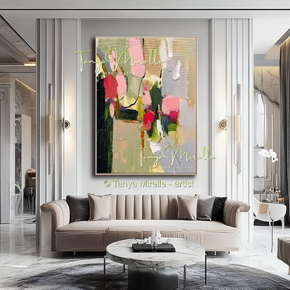 Earth Tone Floral Abstract Oil Painting with Pink Accents  #255