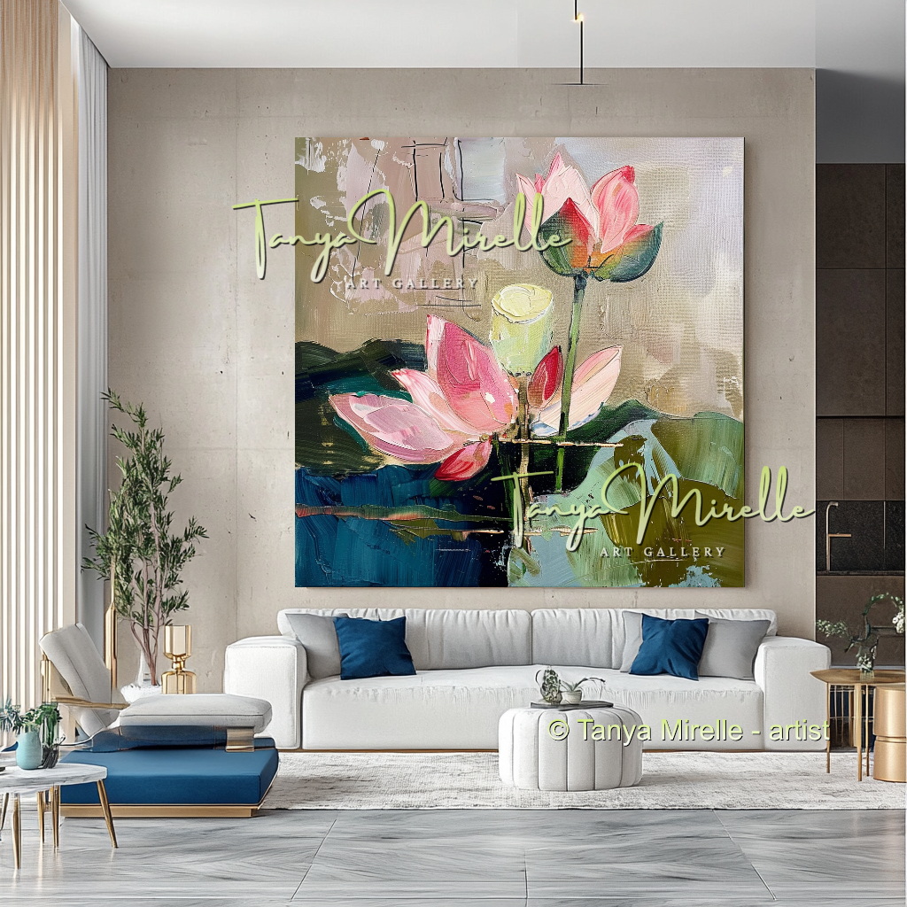 Pink and Green Floral, Lotus Abstract Oil Painting #297