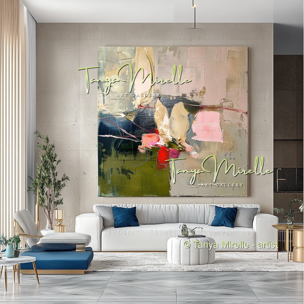 Pink and Green Floral Abstract Oil Painting #298