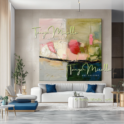 Pink and Green Floral Abstract Oil Painting #298
