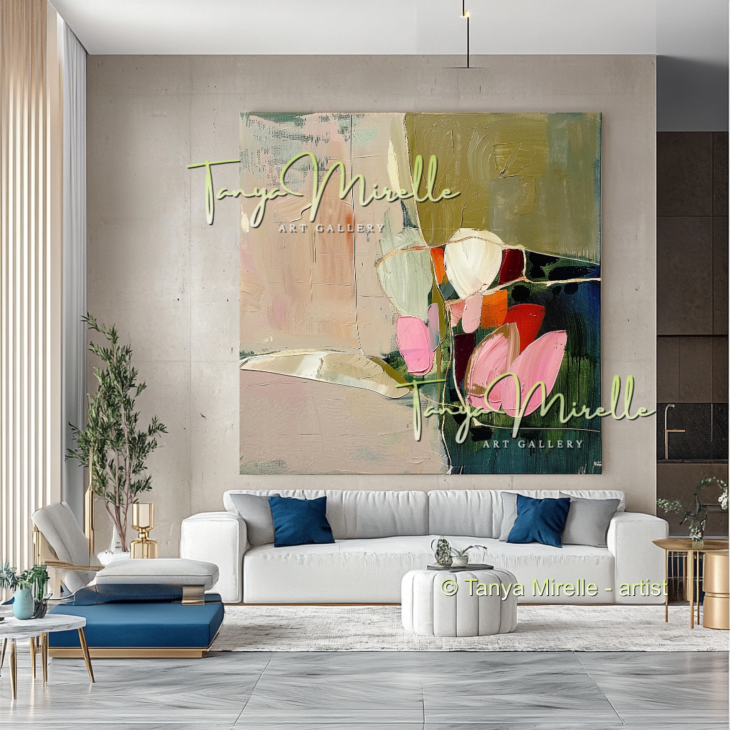Pink and Green Floral Abstract Oil Painting #298