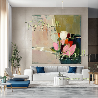 Pink and Green Floral Abstract Oil Painting #298