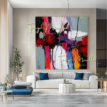 Hand-Painted Impasto Oil Canvas Wall Art, Bold Red Accents #300
