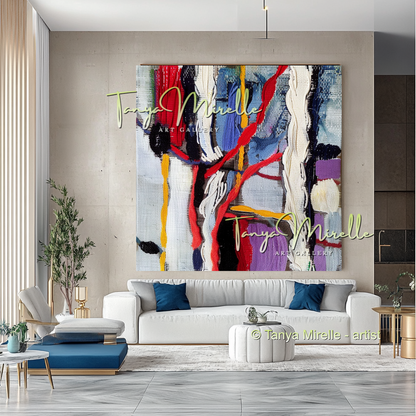 Hand-Painted Impasto Oil Canvas Wall Art, Bold Red Accents #300