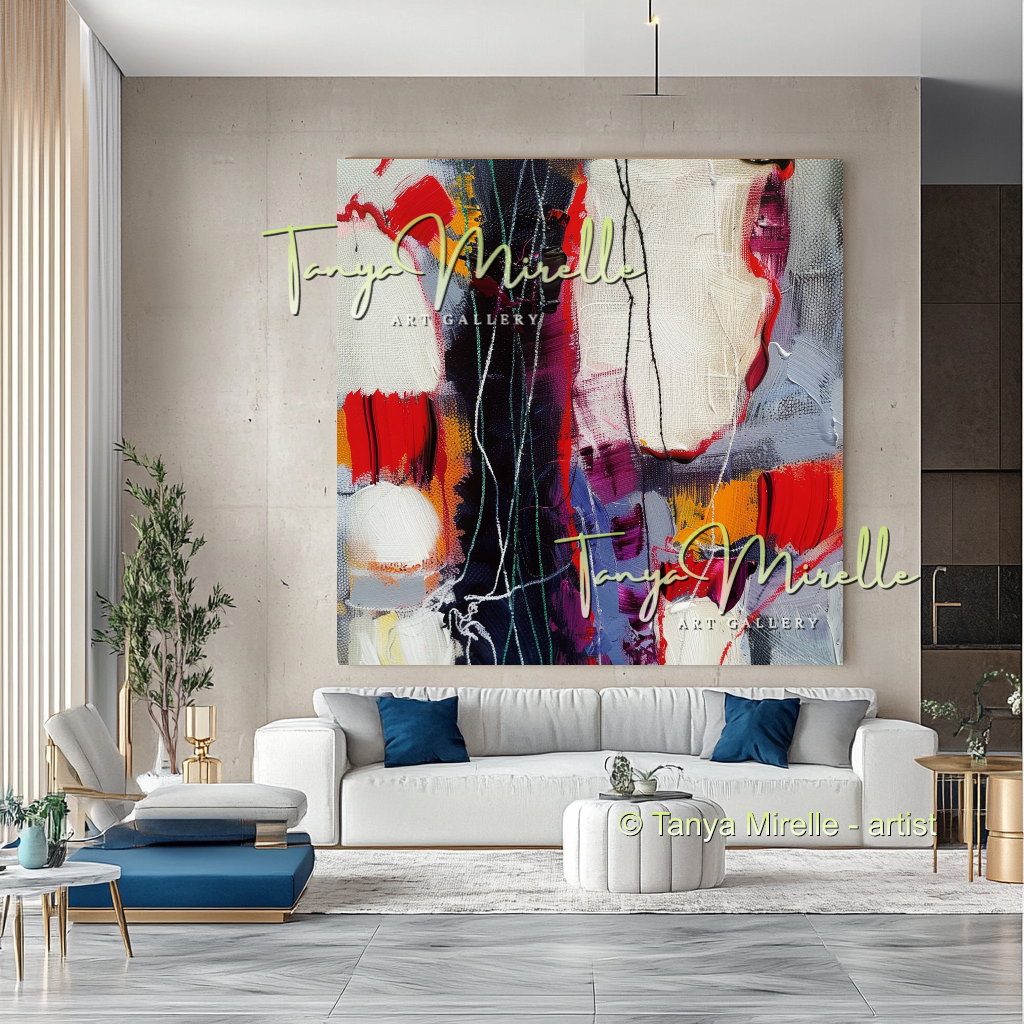 Hand-Painted Impasto Oil Canvas Wall Art, Bold Red Accents #300