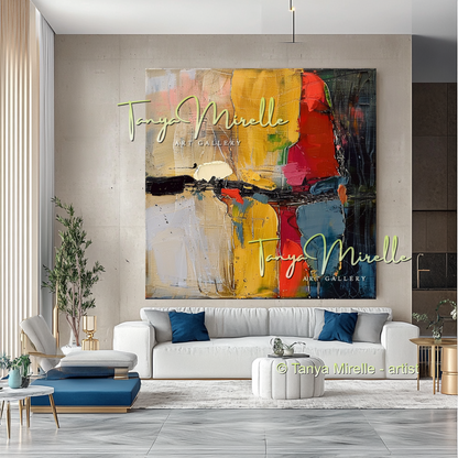 Original Abstract Oil Painting with Bold Red Accent #272