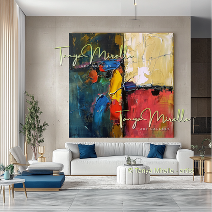 Original Abstract Oil Painting with Bold Red Accent #272