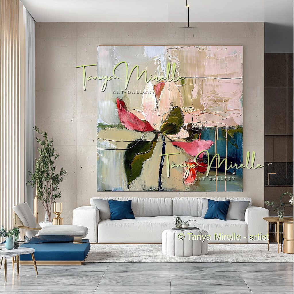 Pink and Green Floral, Lotus Abstract Oil Painting #297