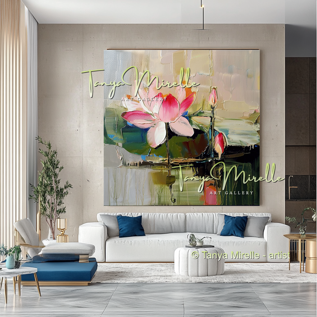 Pink and Green Floral, Lotus Abstract Oil Painting #297