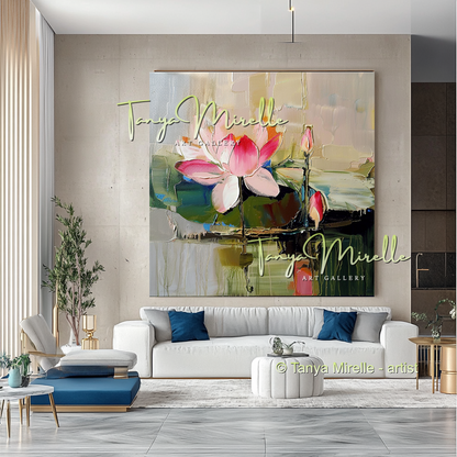 Pink and Green Floral, Lotus Abstract Oil Painting #297