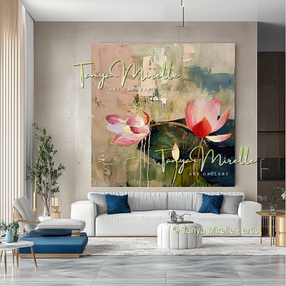 Pink and Green Floral, Lotus Abstract Oil Painting #297