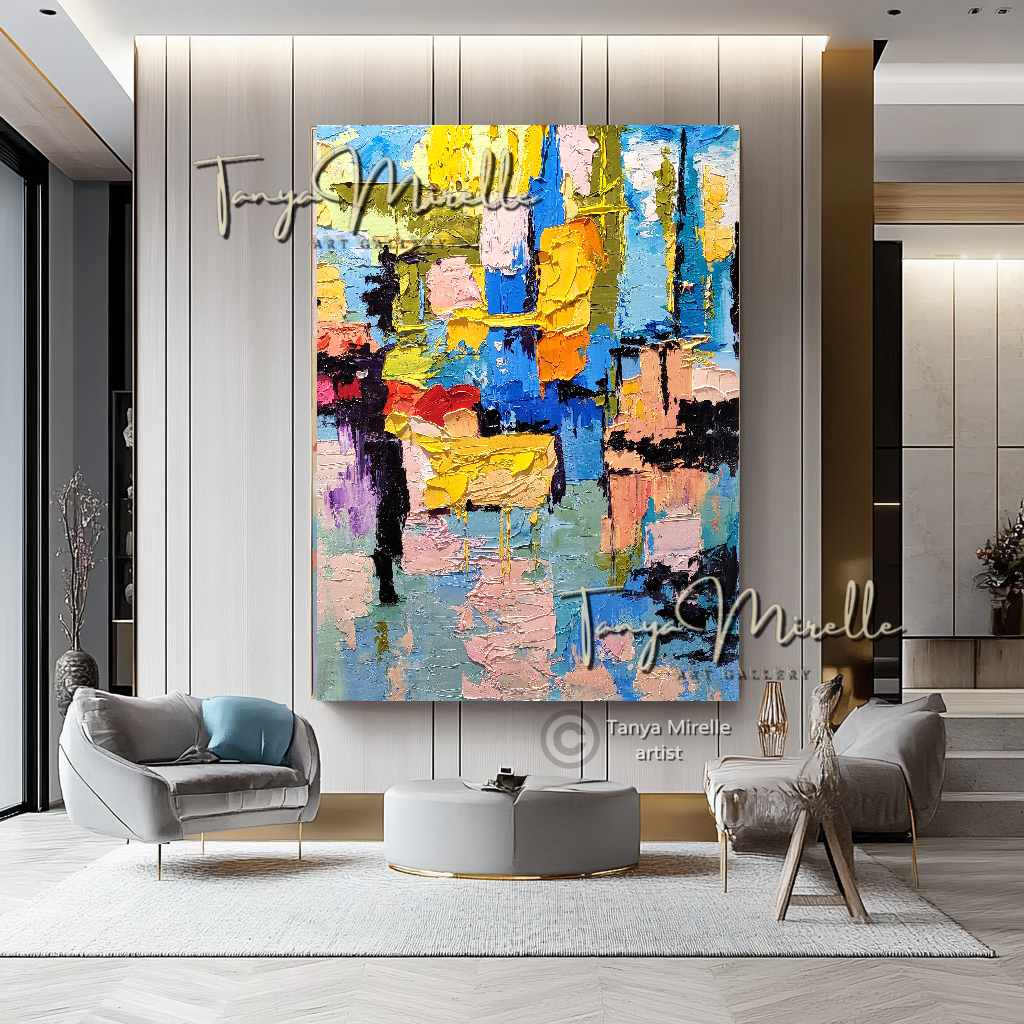 Abstract Painting - Modern Impasto Oil Painting on Canvas #4, No Frame abstract art abstract expressionism artistic gift blue abstract painting colorful painting contemporary painting creative painting dreamy art fine art gallery art gold painting handmade painting high-relief art home decor home office decor impasto oil painting kaleidoscope art large wall art living room art modern wall art multicolor abstract original artwork textured canvas thick paint strokes unique decor vibrant colors