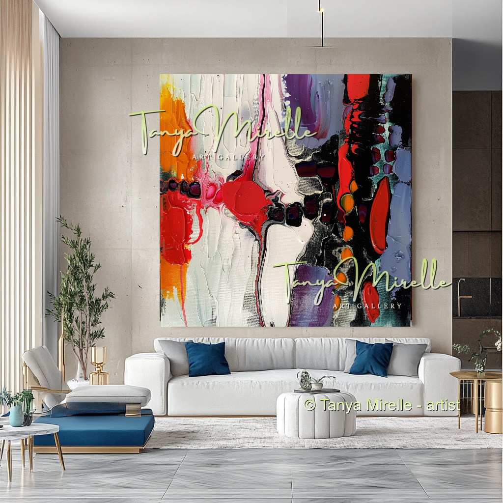 Hand-Painted Impasto Oil Canvas Wall Art, Bold Red Accents #300