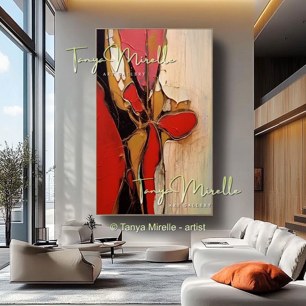 Impasto Oil Canvas Wall Art, Bold Red Accents #222