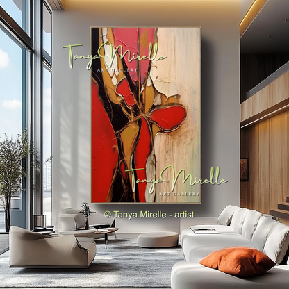 Impasto Oil Canvas Wall Art, Bold Red Accents #222