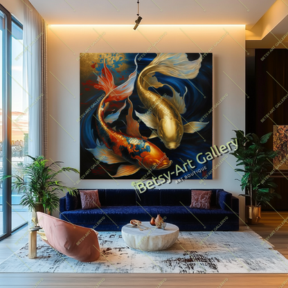 Two Gold Koi Fish Print on Canvas